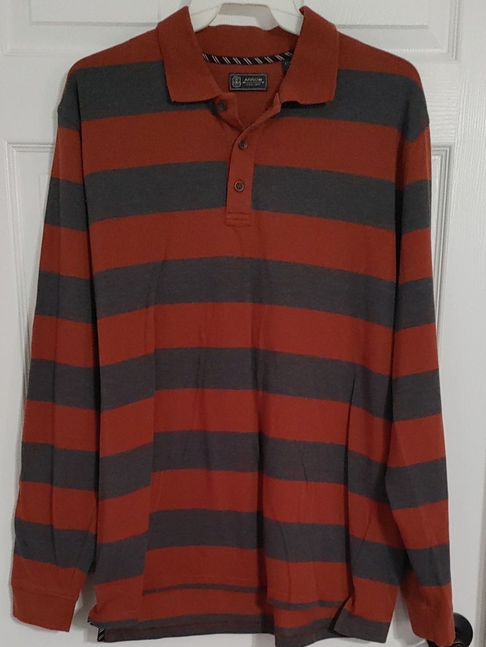 Arrow Longsleeve Polo Shirt  Rust and Charcoal Stripes Mens Large Tall